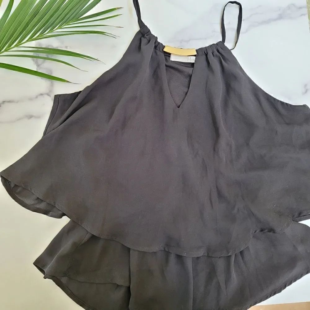 Have womens medium black peplum blouse gold bar collar sleeveless tank minimal